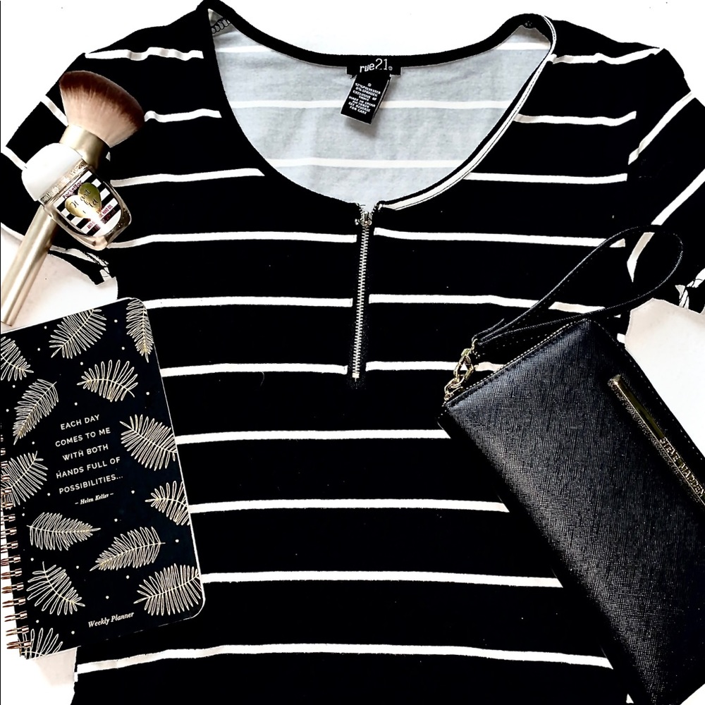 Rue 21 black and whit striped tee with small zip